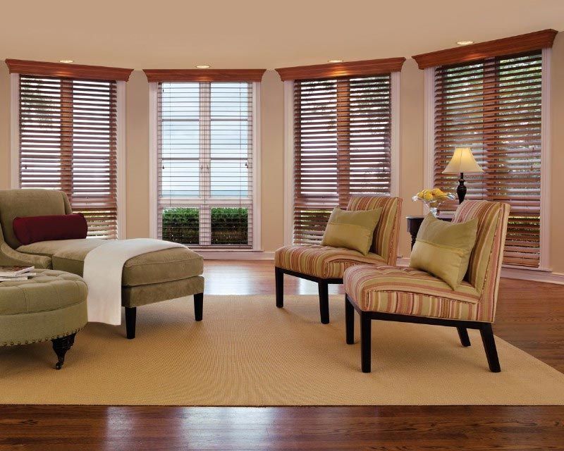 A living room with two chairs and an ottoman and blinds on the windows