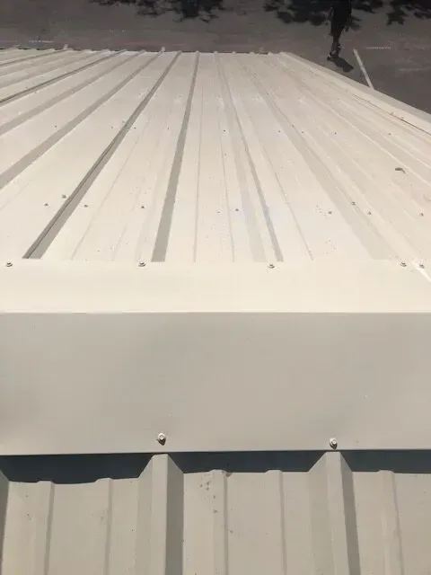 A close up of a white metal roof with a tree in the background.