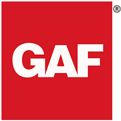 A red and white logo for a company called gaf.