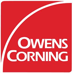 The logo for owens corning is a red square with a white arrow.