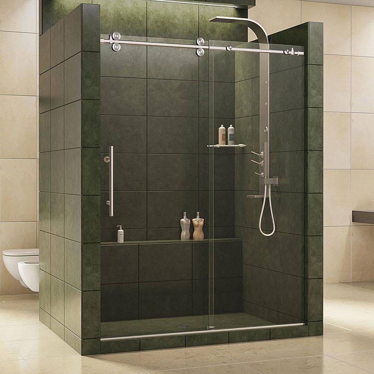 Modern tiled shower stall with dark green walls, glass door, and chrome rain showerhead in a bathroom.