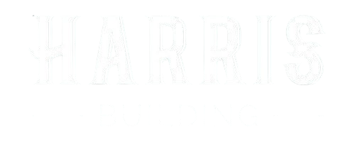 HARRIS BUILDING logo in white text on a dark background with thin horizontal lines