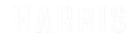 HARRIS BUILDING logo in white text on a dark background with thin horizontal lines