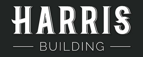 HARRIS BUILDING logo in white text on a dark background with thin horizontal lines