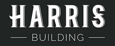 HARRIS BUILDING logo in white text on a dark background with thin horizontal lines