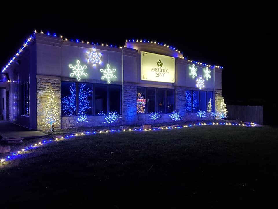 House decorated with blue and white holiday lights and glowing snowflakes at night