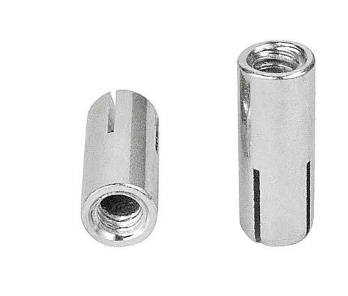 Two silver cylindrical threaded sleeve nuts with side slots on a white background
