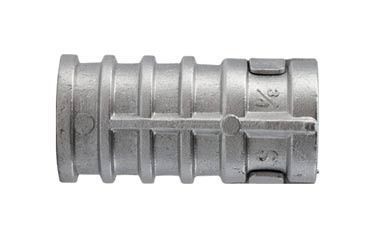 Silver plastic wall anchor with ribbed body and split end on white background