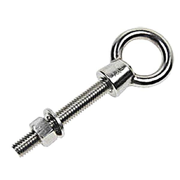 Metal eye bolt with threaded shaft, nut, and washer on a white background