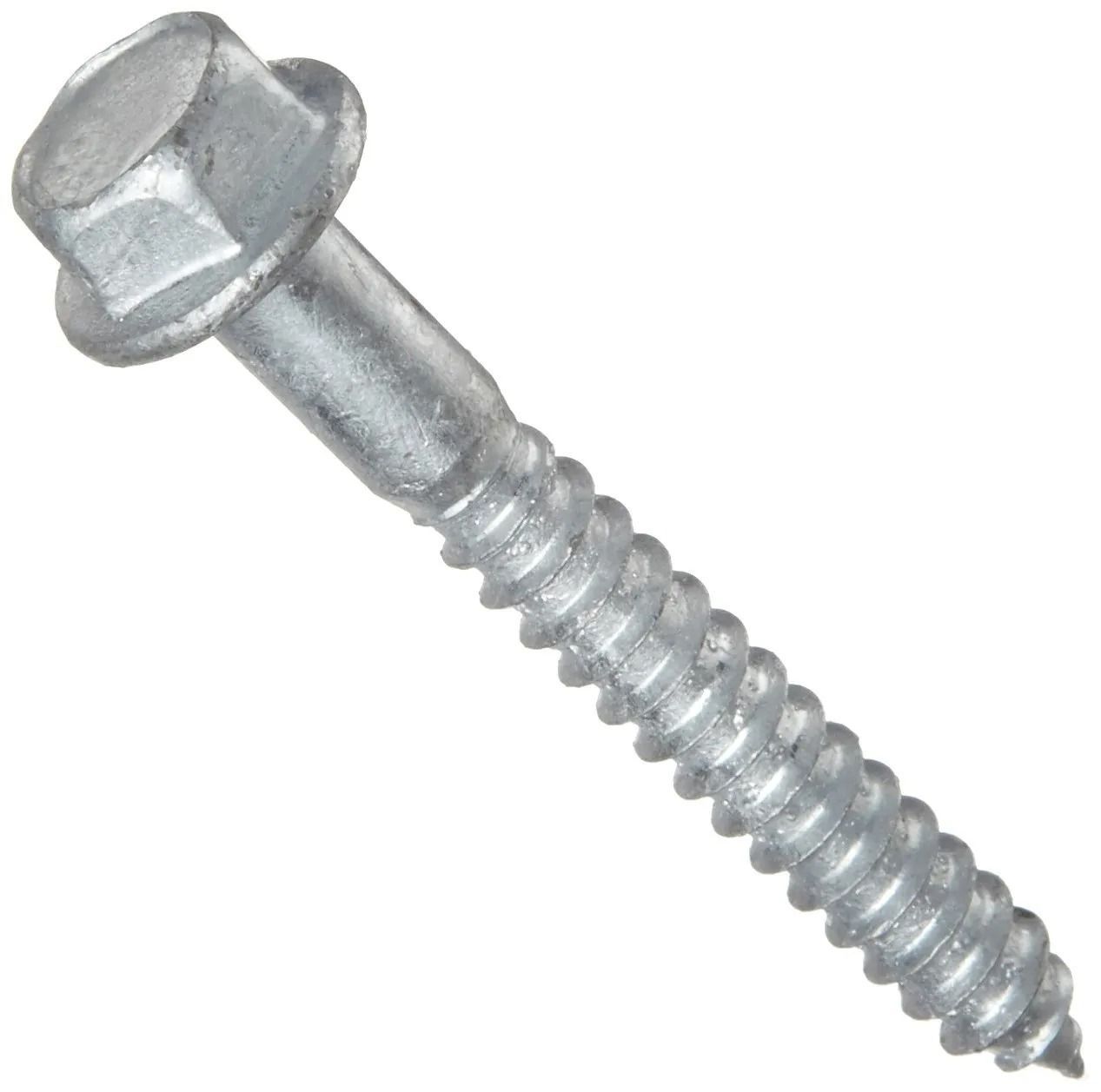 Silver hex-head lag screw on a white background