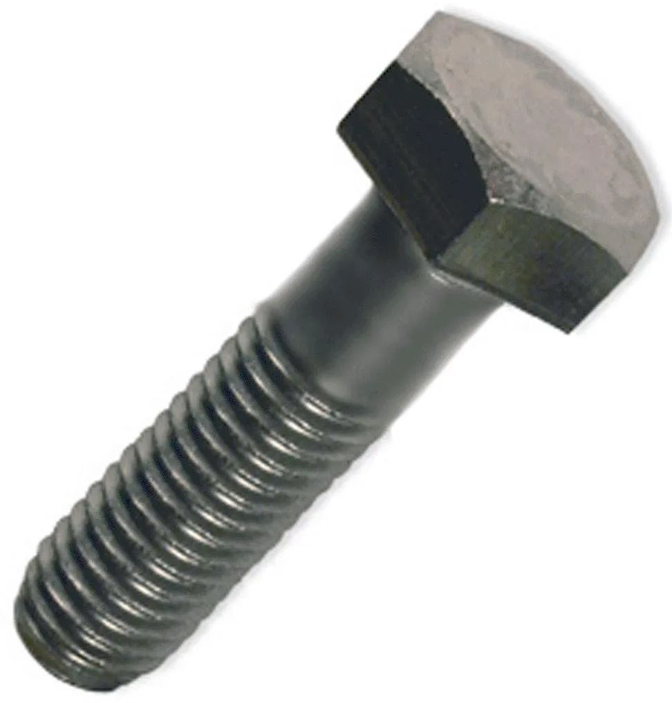 Hex bolt with threaded shaft and dark metal head on a white background