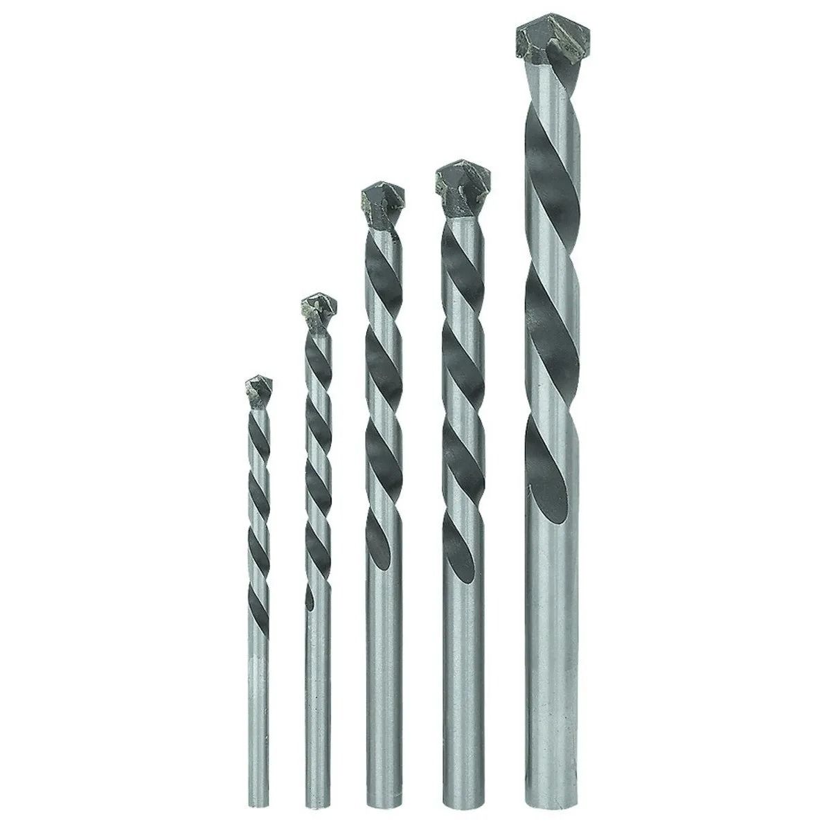 Five metal drill bits arranged from small to large on a white background