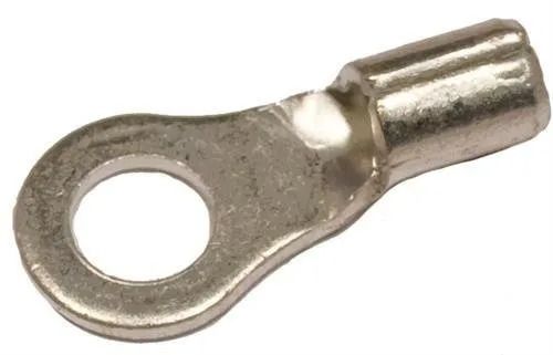 Metal ring terminal connector with a cylindrical crimped end on a white background