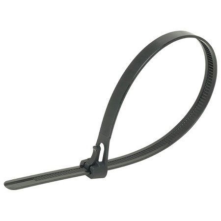 Black plastic cable tie with serrated strap on a white background