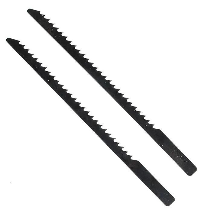Two black serrated saw blades on a white background