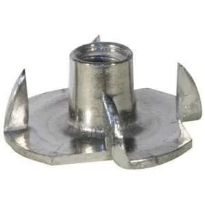 Metal threaded mounting bracket with four curved tabs on a round base