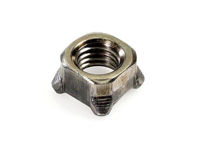 Metal T-slot nut with threaded center on a white background