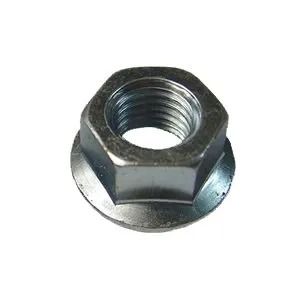 Silver hex nut with a flanged base on a white background