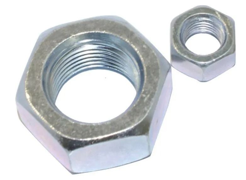 Two silver hex nuts on a white background, one large and one small