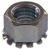 Hex lock nut with serrated base, silver metal finish, on white background