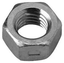 Silver hex nut with threaded center on a white background