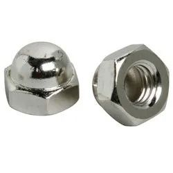 Chrome hex nuts, one showing a domed cap and the other the threaded opening