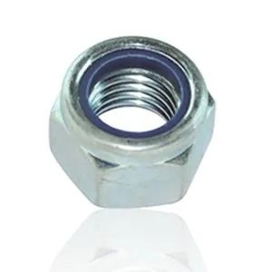 Silver hex lock nut with blue nylon insert on a white background