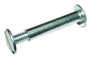 Silver metal bolt with a wide flat head and threaded end on a white background