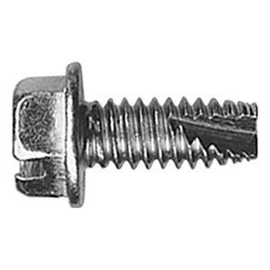 Silver hex-head self-tapping screw with washer on a white background