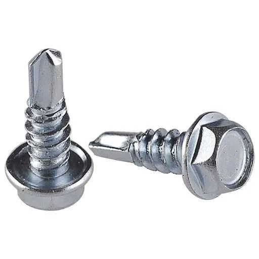 Two silver self-drilling screws with washer heads on a white background