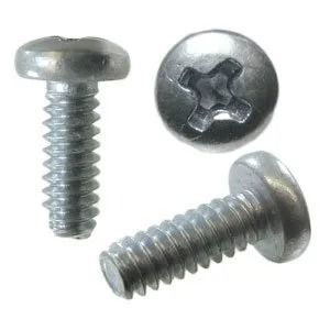 Three silver Phillips-head screws on a white background