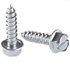 Two silver slotted screw heads on a white background, one upright and one lying sideways