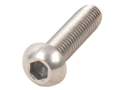 Stainless steel hex socket head screw with rounded head on white background