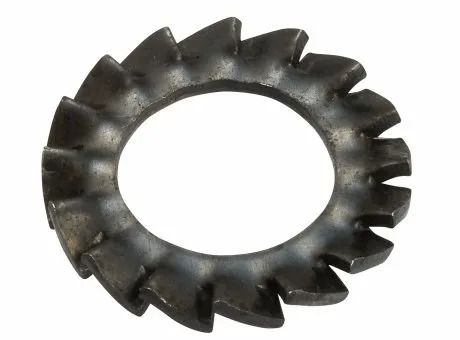 Black toothed metal washer with a serrated outer edge, isolated on white background