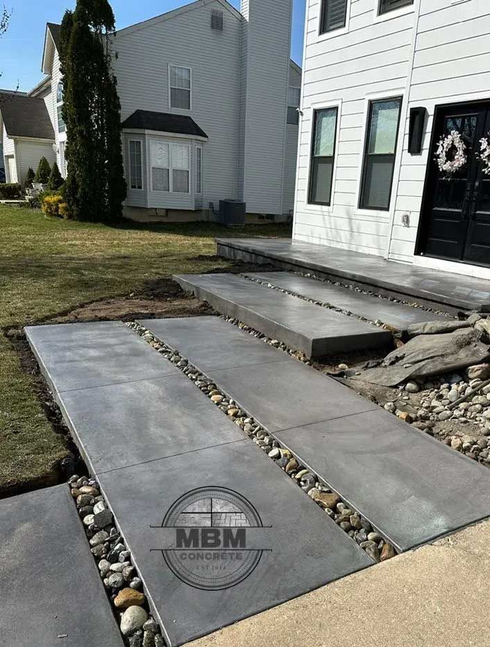 Gray concrete walkway with stone accents leading to a white house with black door and wreath.