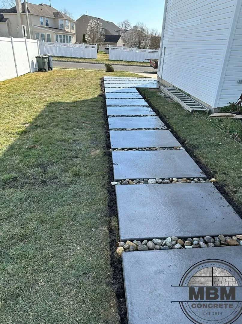 Concrete walkway with stones in a backyard.