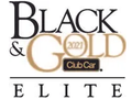 A logo for black and gold elite club car.