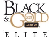 A logo for black and gold elite club car.