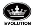 An evolution logo with a silver crown on a black background