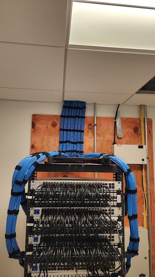 A bunch of blue wires are hanging from the ceiling of a server rack.
