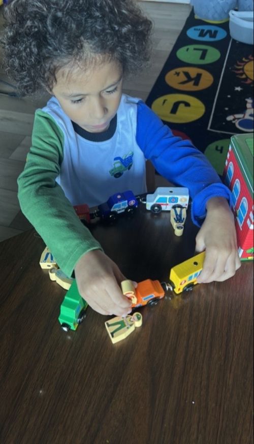Young child arranging toy cars on a wooden floor, with a colorful alphabet rug in the background