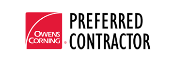 Owens Corning Preferred Contractor logo: Red square with curved line, text