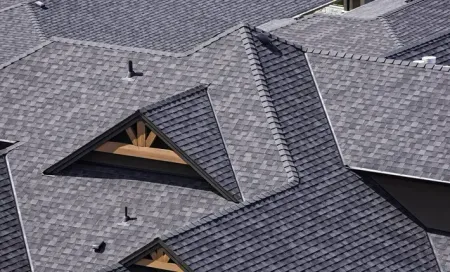 Dark gray asphalt shingle roof with multiple peaks and a wooden gable, seen from above.