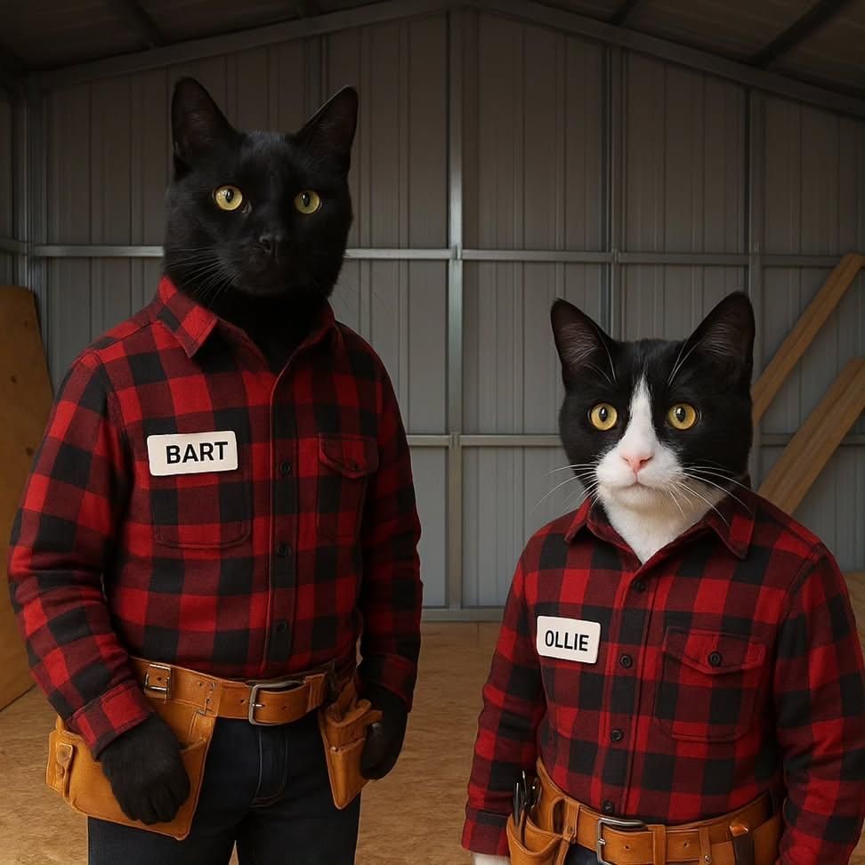 Two cats with human bodies wearing red plaid shirts and tool belts stand in a workshop. Bart on the left, Ollie on the right.