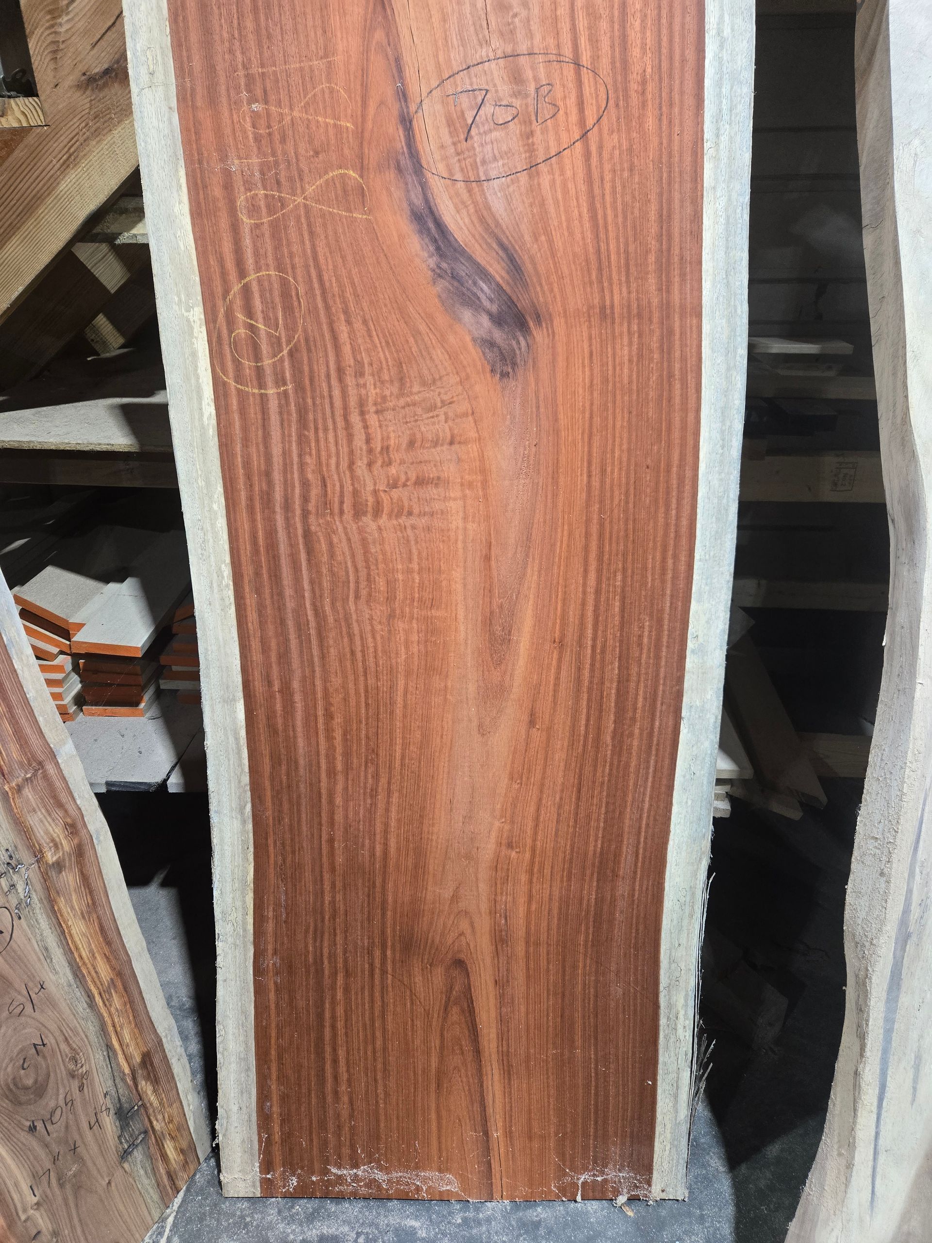 A vertical slab of reddish-brown wood with a dark grain swirl, light-colored raw edges, and pencil markings on the surface.