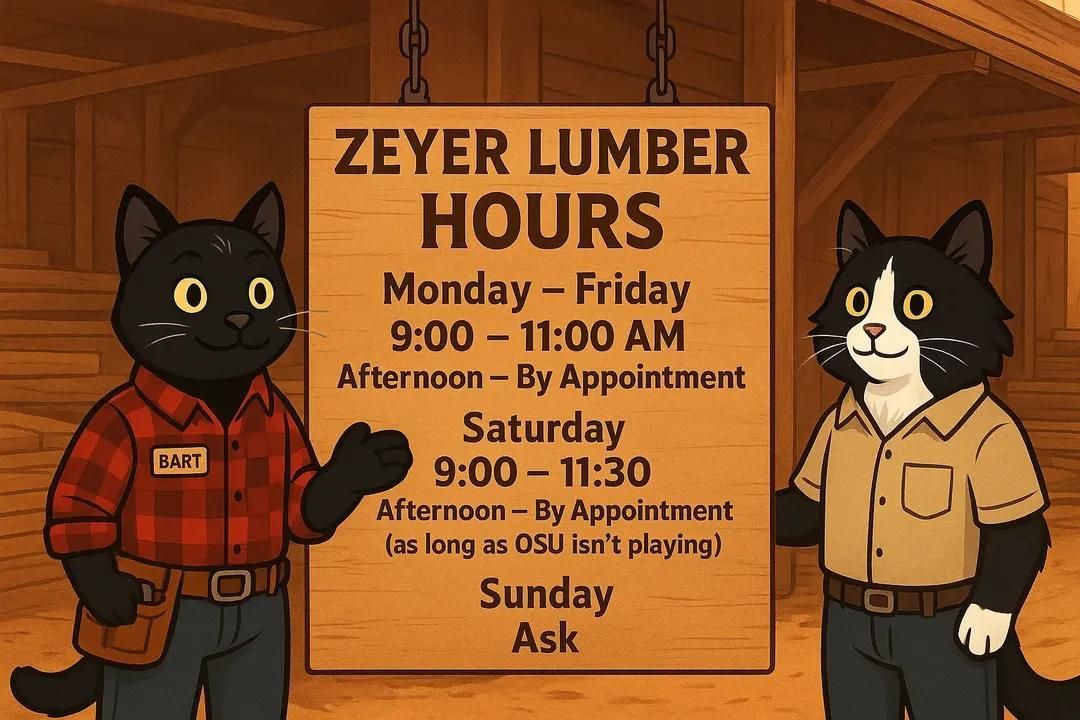 Two cartoon cats stand beside a wooden sign listing the business hours for Zeyer Lumber.