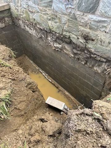 Excavated brick wall with standing water. Dirt surrounds the trench, next to a stone wall.