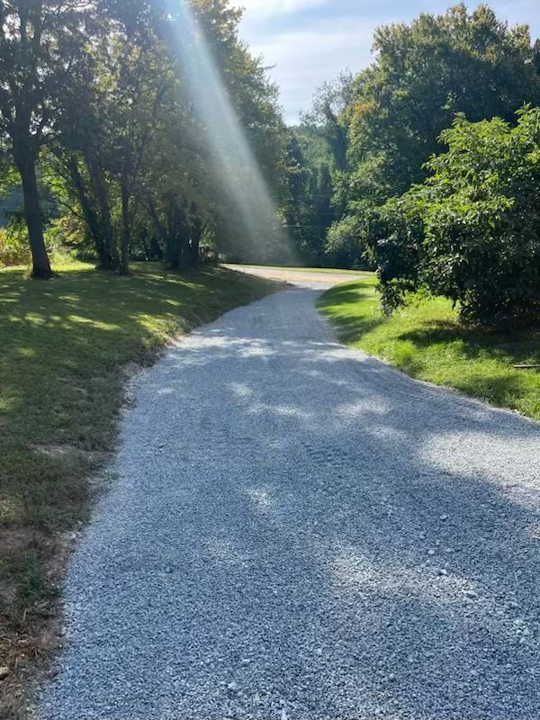 Gravel driveway lined with green grass and trees, sunlight shining through.