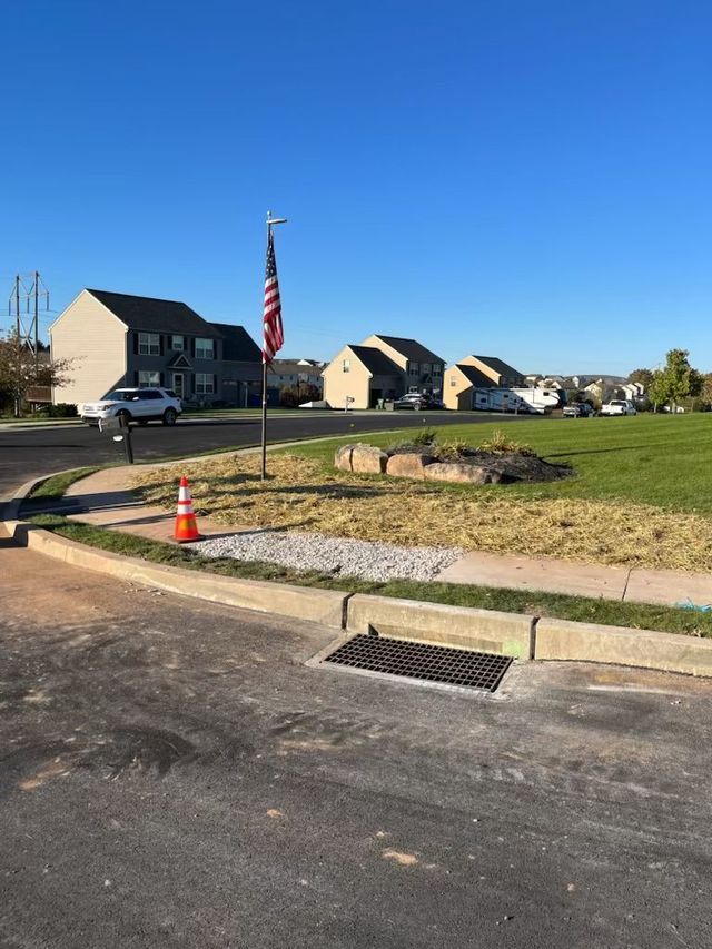 Houses line a street with a grassy area, an American flag, and a drain.