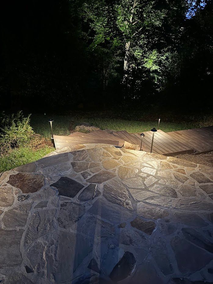 Stone pathway and wooden steps illuminated by landscape lighting, leading into a dark wooded area.